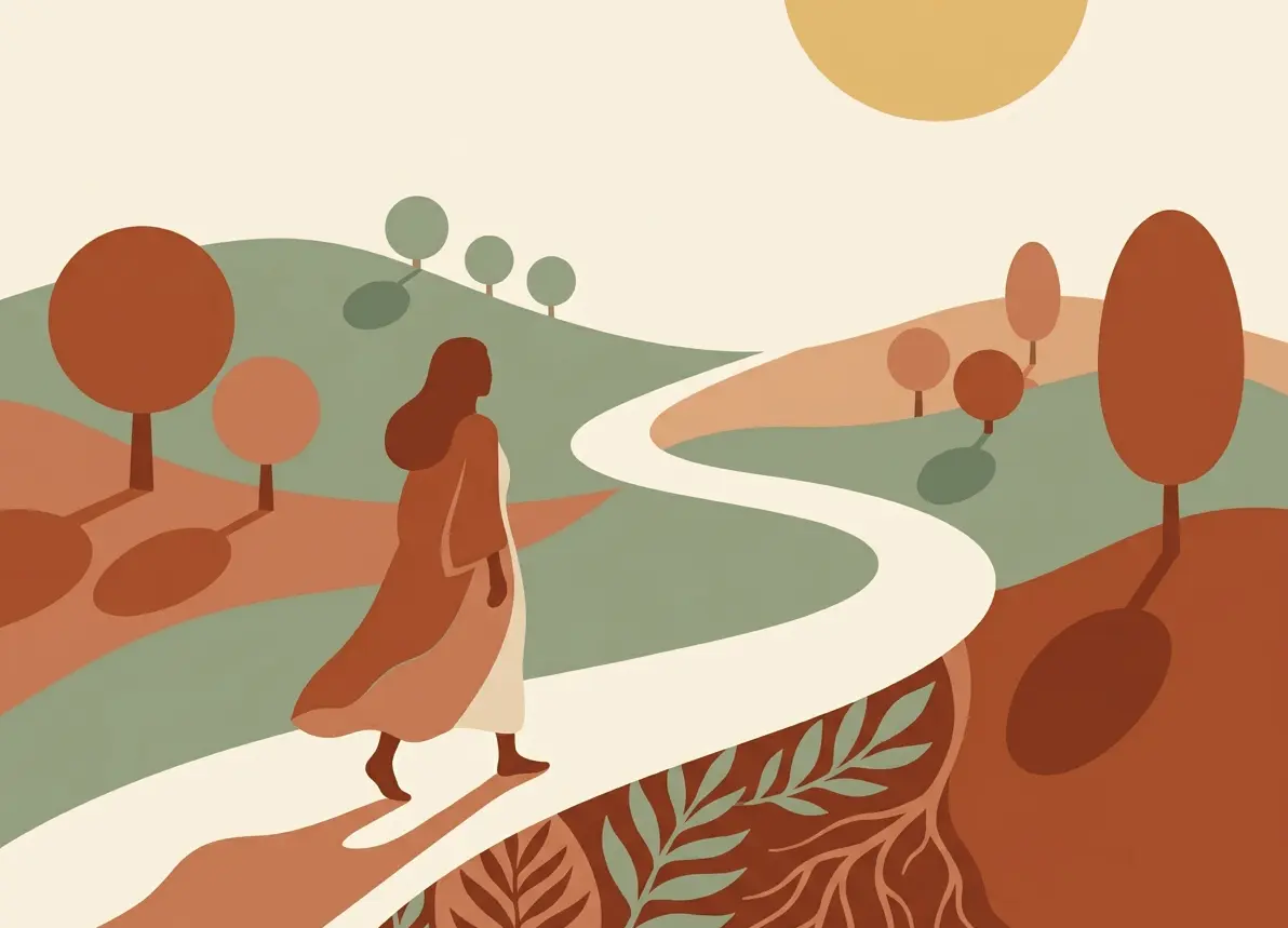 Illustration of a woman walking along a winding path through rolling hills, a sun overhead